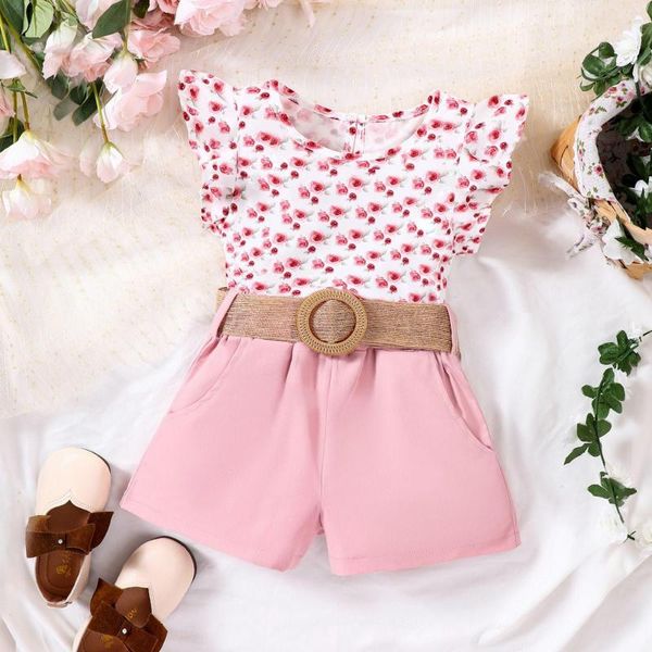 Set di abbigliamento Prodotto per bambini di piccole e medie dimensioni Pantaloncini top con stampa rosa stile estivo per ragazza Set di due pezzi Pacchetti per bambini