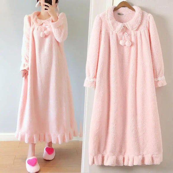 Mulheres sleepwear longo solto camisola mulheres coral velo veludo grosso quente inverno homewear nightdress sólido doce adorável elegante rosa robe