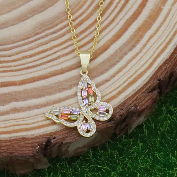 Ожерелья с подвесками, позолоченные медные кристаллы, ожерелье с бабочкой для женщин, циркон с цирконием, ювелирные изделия с микро-паве, красочные