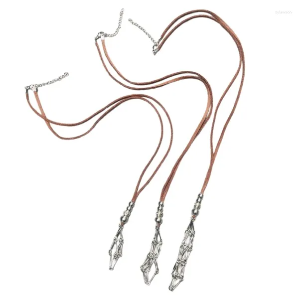 Colares de pingente de couro ajustável corda vazia suporte de pedra colar gaiola de cristal malha de corrente para jóias diy