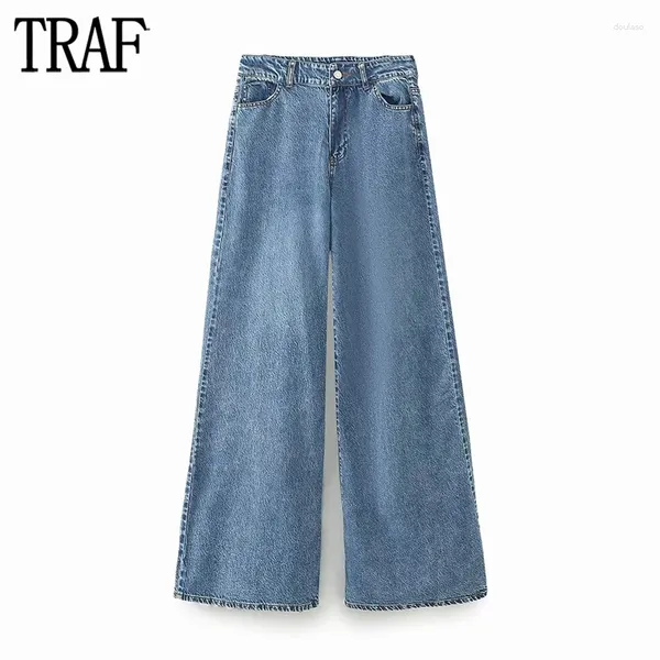 Jeans femininos 2023 denim baggy para mulheres azul palazzo calças largas desbotadas cintura alta mulher streetwear