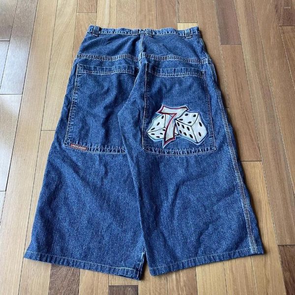 Herren Jeans JNCO Retro bestickt Männer Y2K Nummer 7 Würfel Grafik blau Baggy Casual Hosen Hip Hop hohe Taille weite Hosen Streetwear