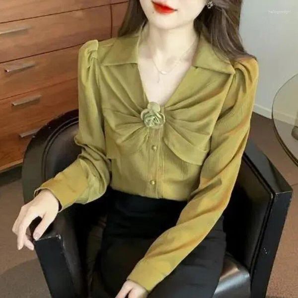 Damen Blusen Langarmshirt Frauen Koreanischer Stil Lose Einfarbige Bluse Mode Elegant Temperament Büro Tops