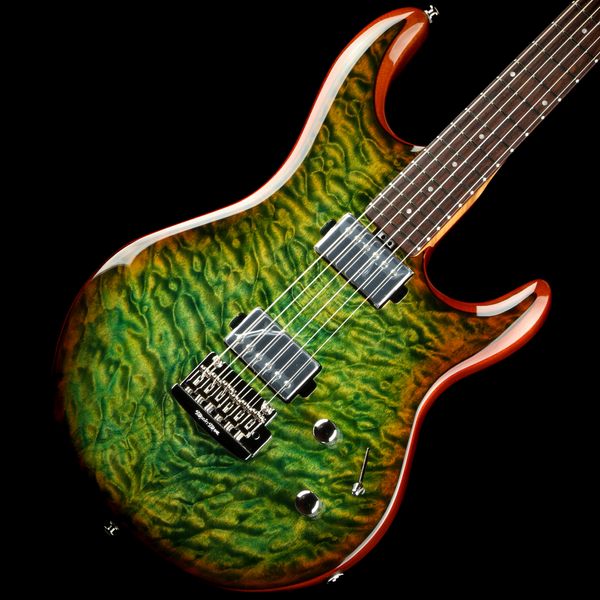 Ernie Ball Music Man Luke 3 HH Top in acero Lucious Green Quilt Chitarra elettrica China Tremolo Bridge Corpo a doppia spalla mancante Pickup passivi Scatola batteria da 9 V Hardware cromato