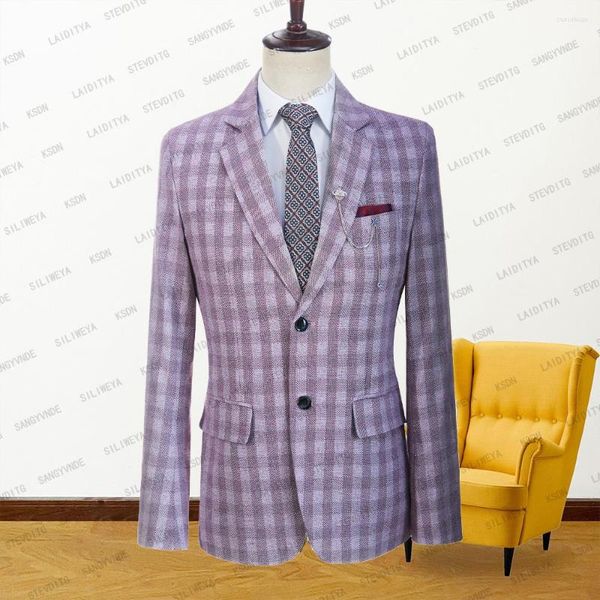 Ternos masculinos 2023 Summer Men Ter Wine Red Check Linen Slim Fit Fit Leisure Tuxedo notaHed Lapela Blazers Coat Casual Formal Business Jacket