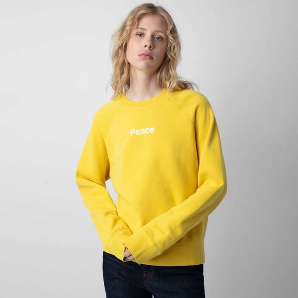 23 Sonbahar Yeni Fransız Niş Zadig Voltaire Kadın Hoodies Sweatshirts Klasik Raglan Sleeve Mektup Baskı Sarı Yuvarlak Boyun Kadın Sweatshirt