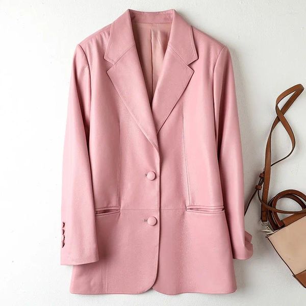 Couro feminino Julypalette 2023 Blazer de pele de cordeiro jaquetas para mulheres moda rosa single-breasted casual senhoras casacos reais