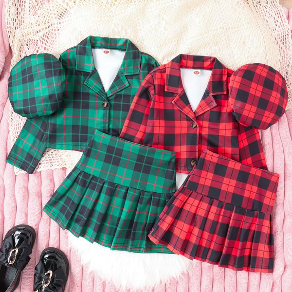 Großhandel Plaid Drei Stück Set Mädchen Umlegekragen Mantel + Hut + Hohe Taille Falten Rock Outfit Kinder Anzug