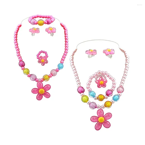 Collana Orecchini Set 2 Gioielli Fiori in plastica Design Bracciale Anello Orecchini Kit Bomboniera per cartoni animati per ragazze che indossano bambini