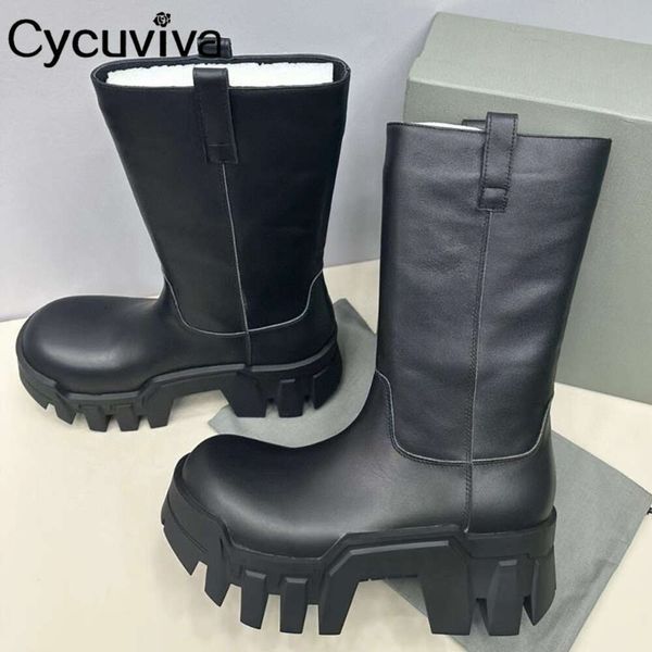 Qualität Schwarz Leder Plattform Mittlere Waden Stiefel Frauen Dicke Untere High Heel Kleid Schuhe Frau Stiefel Herbst Knöchel Motorrad Stiefel