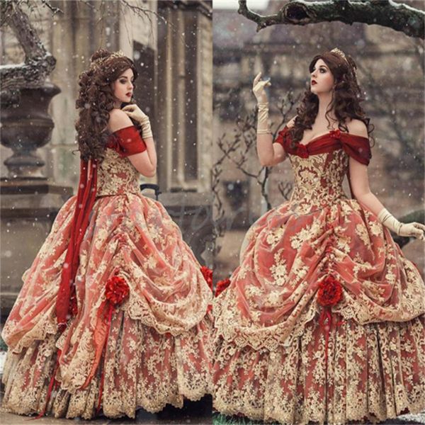 Mittelalterliche rotgoldene Quinceanera-Kleider Charro Vestidos De Xv Anos Sechzehnter Geburtstag besondere Anlässe Party Renaissance Halloween Sweet 16 Dress Lace Up 3D-Blumen