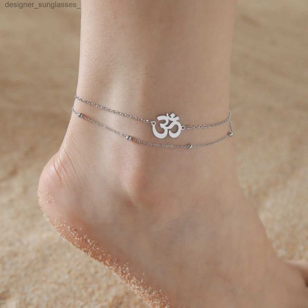 Fußkettchen Skyrim Indischer Buddhismus Yoga OM Fußkettchen Frauen Edelstahl Doppelschicht Perlen Kette Knöchel Armband Amulett Sommer ZubehörL231116