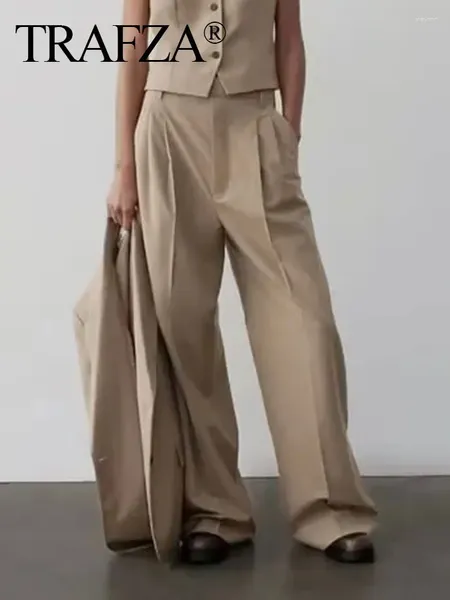 Damenhosen ZA für Frauen 2023 Khaki Unsichtbare Knopfleiste Lange Hose Frau mit Falten Formale High Street Hose mit weitem Bein