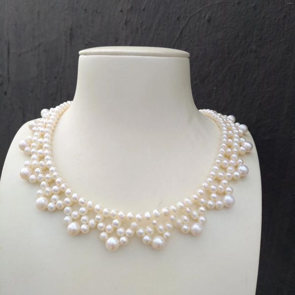 Ketten, doppelsträngig, handgestrickt, 5–6 mm, 6–7 mm, runde Halskette mit echten weißen Akoya-Perlen zur Hochzeit