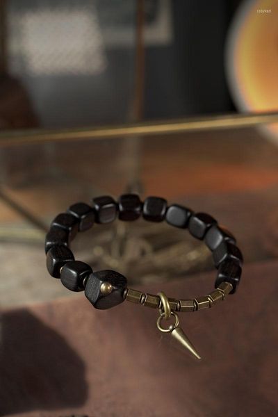 Strand Wooden Ebony Beads Black Wood Retro Bracelet Brass Africano Jóias Charme Espiritual Summer Natural Simples Summer