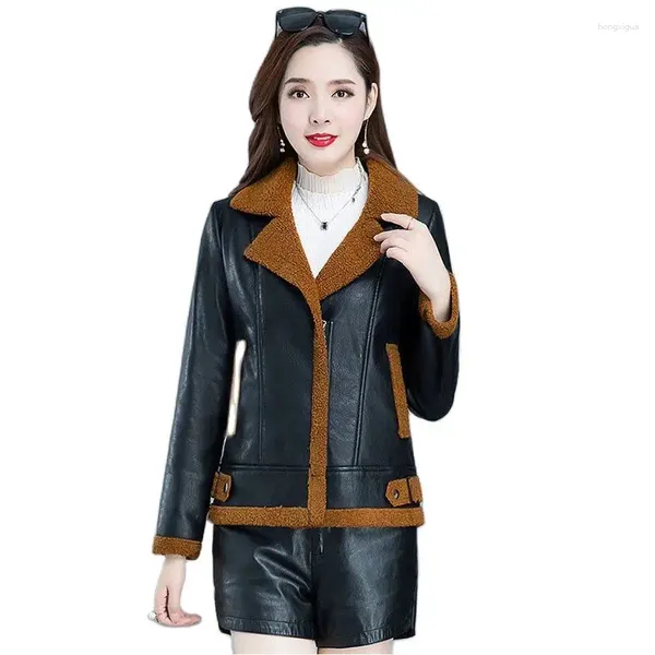 Veste en cuir pour femme, automne-hiver, ajouter du velours, Version coréenne, peau PU, cheveux, un corps court, manteau en laine d'agneau