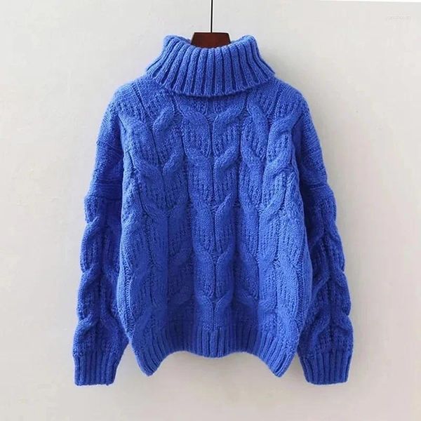 Kadın Sweaters Blue Belktleneck Katı Katı Sıradan Uzun Kollu Kalın Akrilik Örme Süveter Kore Moda Kazanma Gevşek Kış