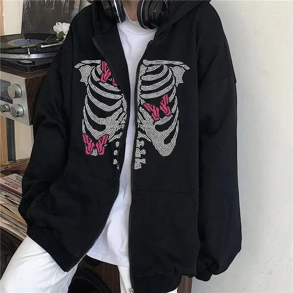 Felpe con cappuccio da donna K-Scheletro gotico scuro Ragazza Ragazzo Inverno Addensare Giacca Prodotti per superficie e smalti Donna Cerniera Hiphop Harajuku Y2k Kawaii Farfalla Zip