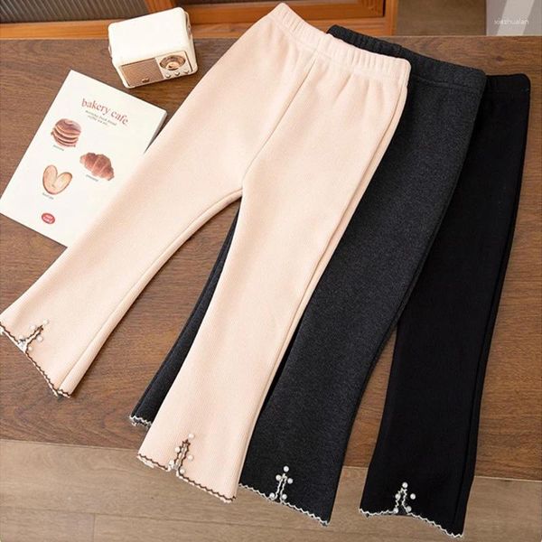 Calças de inverno veludo de pelúcia criança meninas moda bifurcate grânulo leggings calças exterior wear esporte roupas casuais 2-6 y