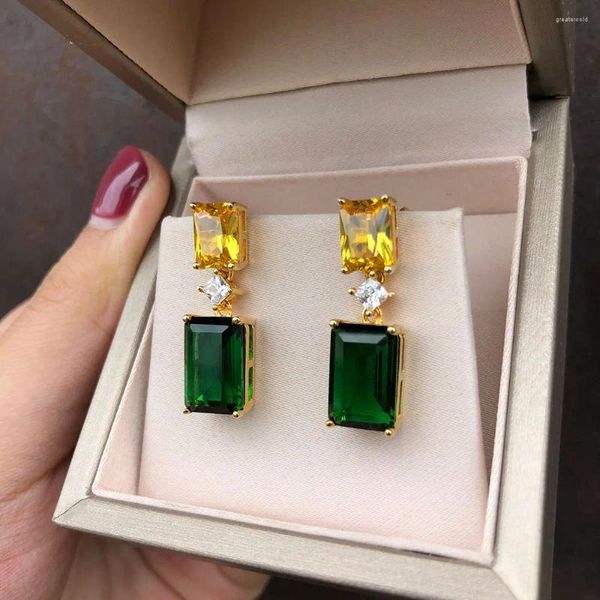 Stud Earrings Fashion Cubic Zirconia Retangle Yellow And Green Earring For Women