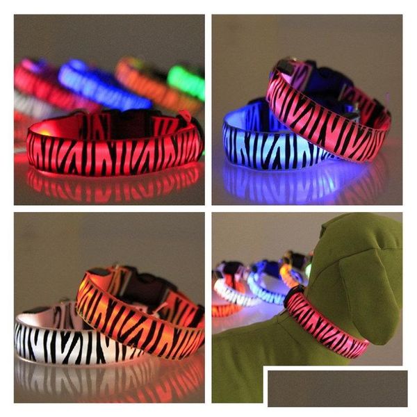 Collari per cani Guinzagli Collari per animali lampeggianti Illuminato in nylon Led per cani Collare stile zebra colorato 2,5 m Larghezza 8 gocce Consegna Giardino domestico P Dhys3