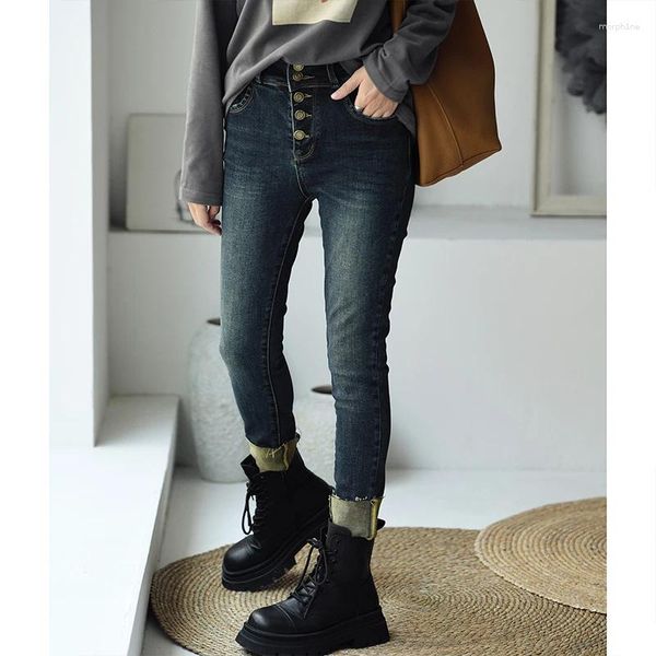 Jeans da Donna MICOCO N6151C Lavaggio Coreano Bianco Antigraffio Stretch Slim Con Bordo In Pelliccia E Piedini