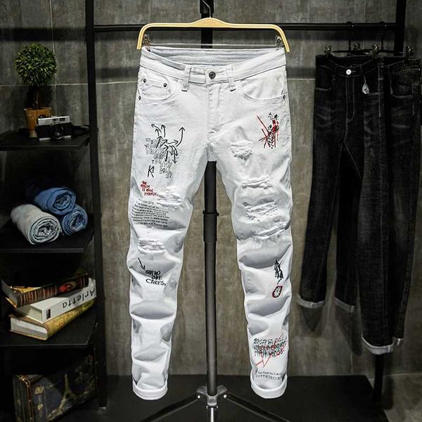 Jeans masculinos moda na moda bordado letras homens faculdade meninos magro pista zíper calças jeans destruído rasgado jeans preto branco jeans j231116