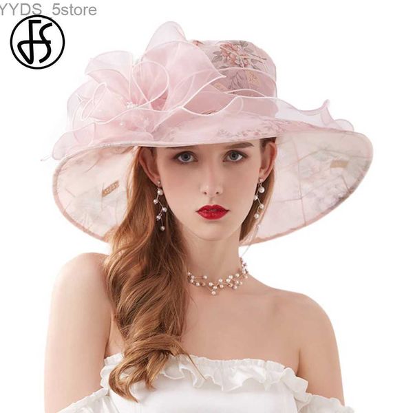 Chapéus de aba larga Chapéus de balde FS Fascinator Chiffon Kentucky Chapéus Flor Chapéus de casamento para mulheres elegantes vestidos de igreja rosa bege aba larga Fedora YQ231116