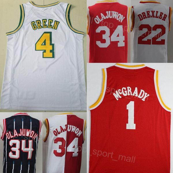 Stitch City Basketbol Jalen Green Jersey 4 Erkekler Vintage Tracy McGrady 1 Clyde Drexler 22 Hakeem Olajuwon 34 Retred Beyaz Donanma Takımı Spor Hayranları için Yüksek Kalite