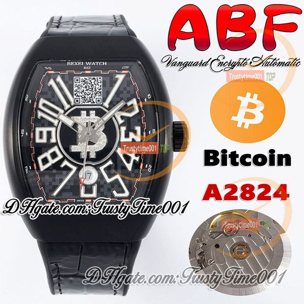 ABF Vanguard Encrypto V45 A2824 Orologio automatico da uomo Cassa in acciaio PVD Quadrante nero con indirizzo portafoglio Bitcoin Elastico in pelle Super Edition trustytime001Orologi