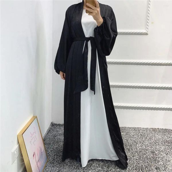 Roupas étnicas Brilhante Cetim Mulheres Muçulmanas Abaya Cardigan Maxi Vestido Kimono Turquia Verão Kaftan Dubai Islam Party Vestido Femme Jalabiya