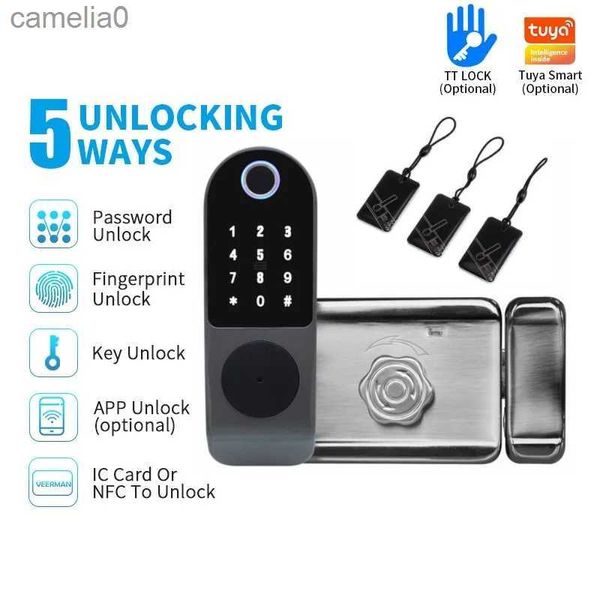 Fechadura inteligente TUYA WIFI Fechadura inteligente para porta com impressão digital Cartão IC NFC Chave de senha Desbloqueio remoto TTlock Pátio Externo Fechadura eletrônica à prova d'águaL231116