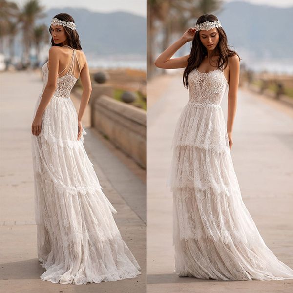 Abito da sposa in pizzo Boho 2023 Abito da sposa A-line Halter Straps Back Tiered Summer Vestidos De Noiva Custom Made