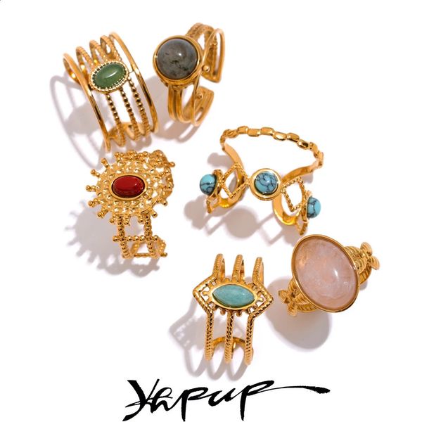 Anéis de banda Yhpup Pedra natural em camadas oco aberto anel de aço inoxidável cor dourada na moda moda França chique jóias Envio Gratis Todo 231116