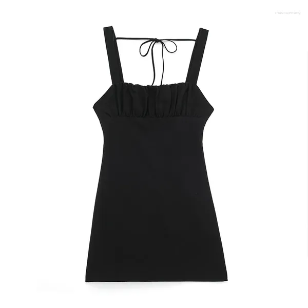 Lässige Kleider 2023 Sommer Damen Kurzes Kleid Solide Brust Plissee Open Back Lace-Up Taille Quadratischer Kragen Fitting Mini