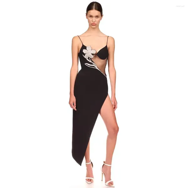 Abiti casual Nero cinturino per spaghetti vestito da donna di media lunghezza sexy backless split asimmetrico diamante fasciatura aderente Club Party 2023