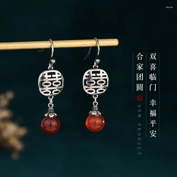 Orecchini a bottone stile cinese galvanica retrò colore argento doppia felicità imitazione giada gioielli semplici dal design etnico creativo