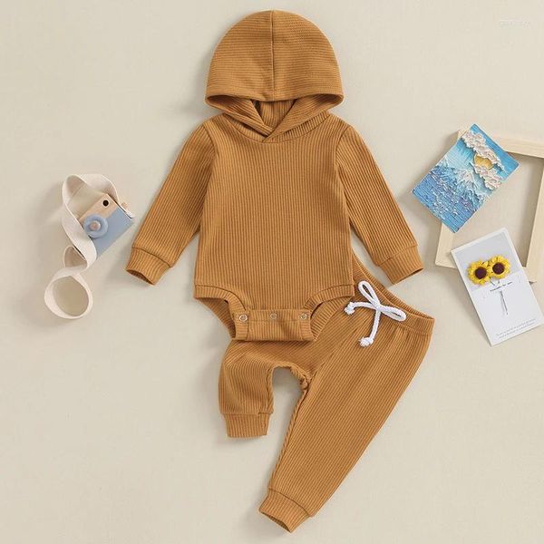 Kleidungssets für geborenes Baby, Herbst- und Winter-Outfits, Strampler mit Kapuze, langärmlig, gerippter Body, einfarbige Hosen mit Kordelzug