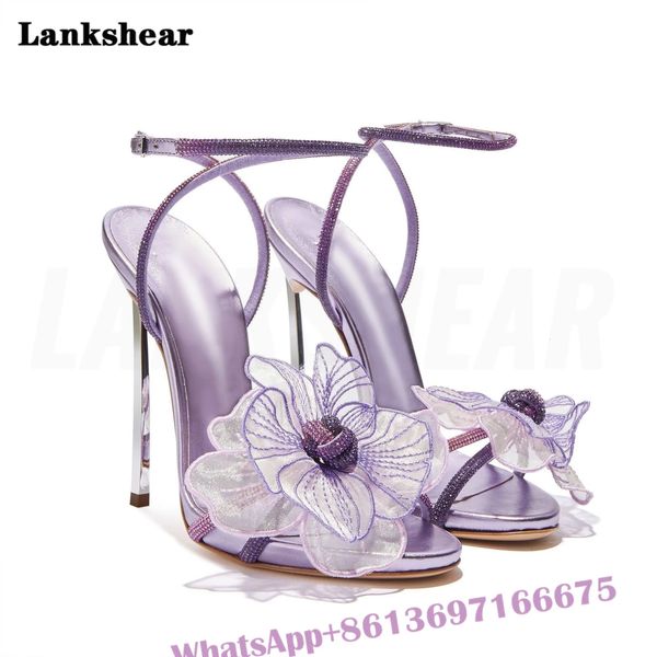 Sapatos de vestido Roxo Verde Floral Embelezado Mulheres Sandálias Open Toe Stiletto Ankle Strap Party Bombas Casamento Alta Qualidade 231115