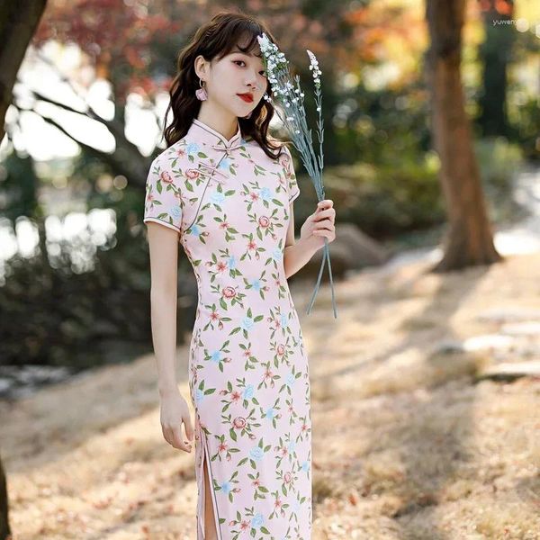 Roupas étnicas 2023 verão chinês tradicional elegante mulheres casuais rosa impressão cheongsam mancha magro retro temperamento feminino midi vestido