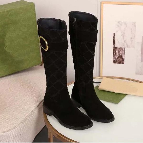 Stivali firmati Stivali di lusso con tacco medio a botte lunga Marchio classico di moda Tessuto marrone Stivali in pelle alla coscia in pelle nera Stivali alla coscia