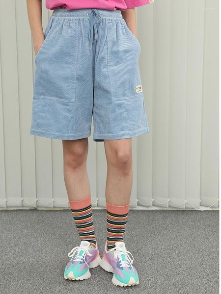 Pantaloncini da donna Bebobsons Estate Casual Donna Elastico in vita Sottile Morbido Velluto a coste Blu Corto Per ragazze adolescenti Cartoon Patch Niche Design