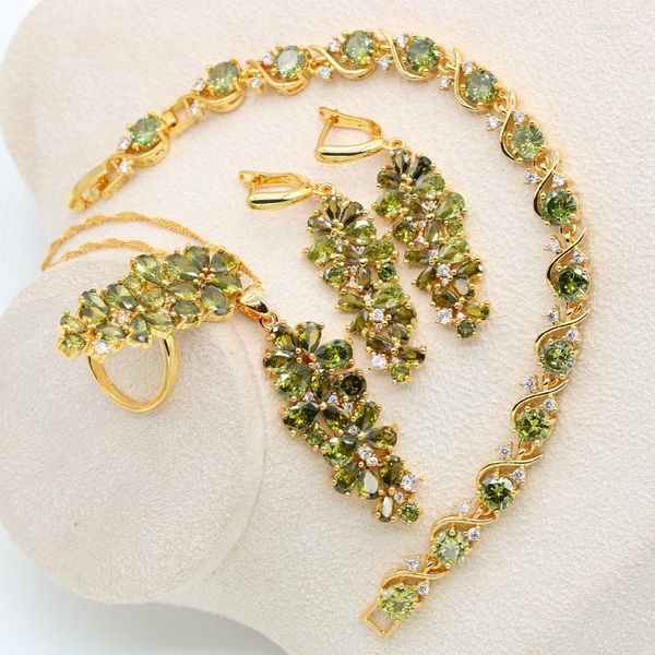 Halskette Ohrringe Set Luxus Grün Peridot Gold Farbe Brautschmuck Für Frauen Armband Anhänger Ring Geburtstagsgeschenk