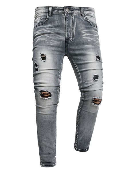 Pantaloni da motociclista da motociclista con foro distrutto primavera estate moda streetwear effetto consumato grigio da uomo