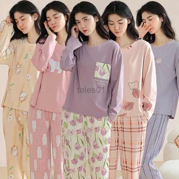 Women's Sleep Lounge 2023 New Autumn Plus Size Langarm 100% Baumwolle Print Pyjama Sets für Frauen Koreanische süße Nachtwäsche Pyjama Homewear Home Clothes zln231116