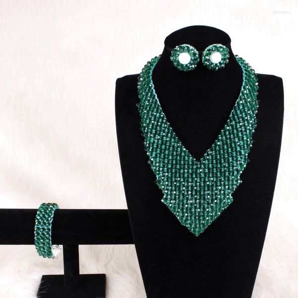 Brincos de colar Conjunto de joias nigerianas DUDO Green verde com queda e pulseira de miçangas para casamentos tradicionais africanos Bridal