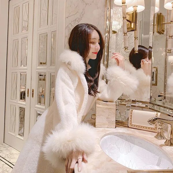 Mulheres misturas de lã falso vison veludo casaco feminino inverno coreano solto casual lã outerwear feminino gola de pele longa jaqueta de lã de pele falsa 231116