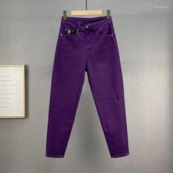 Женские джинсы, фиолетовые повседневные джинсовые брюки, весна-осень 2023, свободные хлопковые эластичные джинсовые брюки-карандаш с высокой талией, женские шаровары