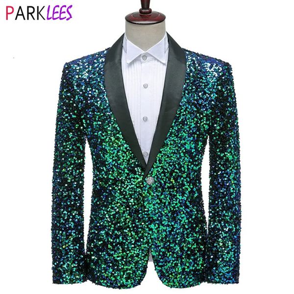 Herrenanzüge Blazer Glänzende grüne Pailletten Bling Glitzer Blazer Männer Schalkragen One Button Smoking Anzüge Blazer Herren Hochzeit Party Bühnenkostüme 231115