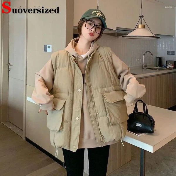 Coletes femininas clássicos cáqui algodão jaquetas soltas mulheres sem mangas parka coreano casual inverno quente engrossar oversized 6xl colete